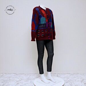Vintage Wool Blend Knit Cardigan with Shoulder‎ Pads Multicolors Women Size XL